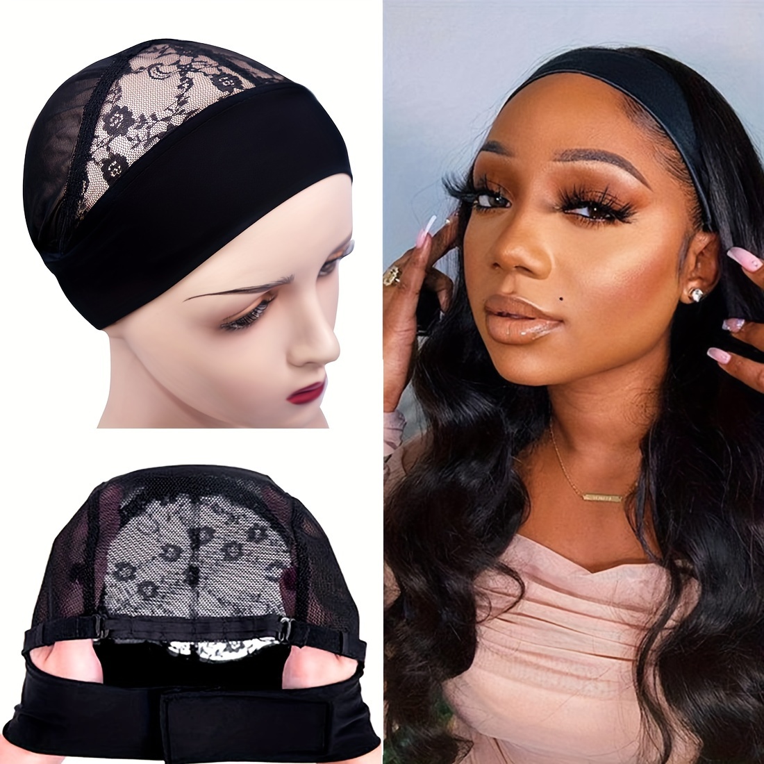 Headband Wig Cap For Making Wigs With Adjustable Straps Black One