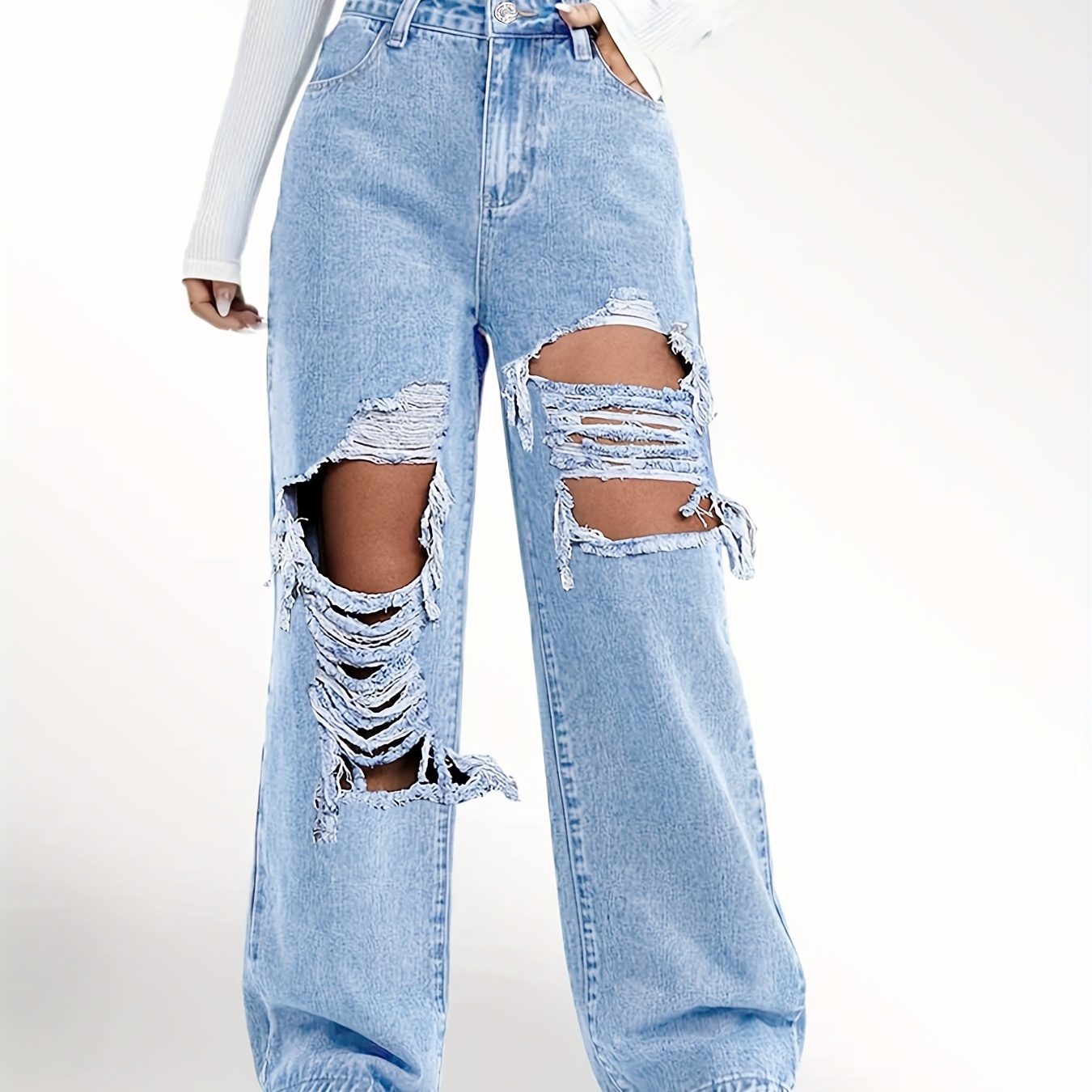 Ripped Straight Leg Loose Fit Jeans, High Rise Wide Legs