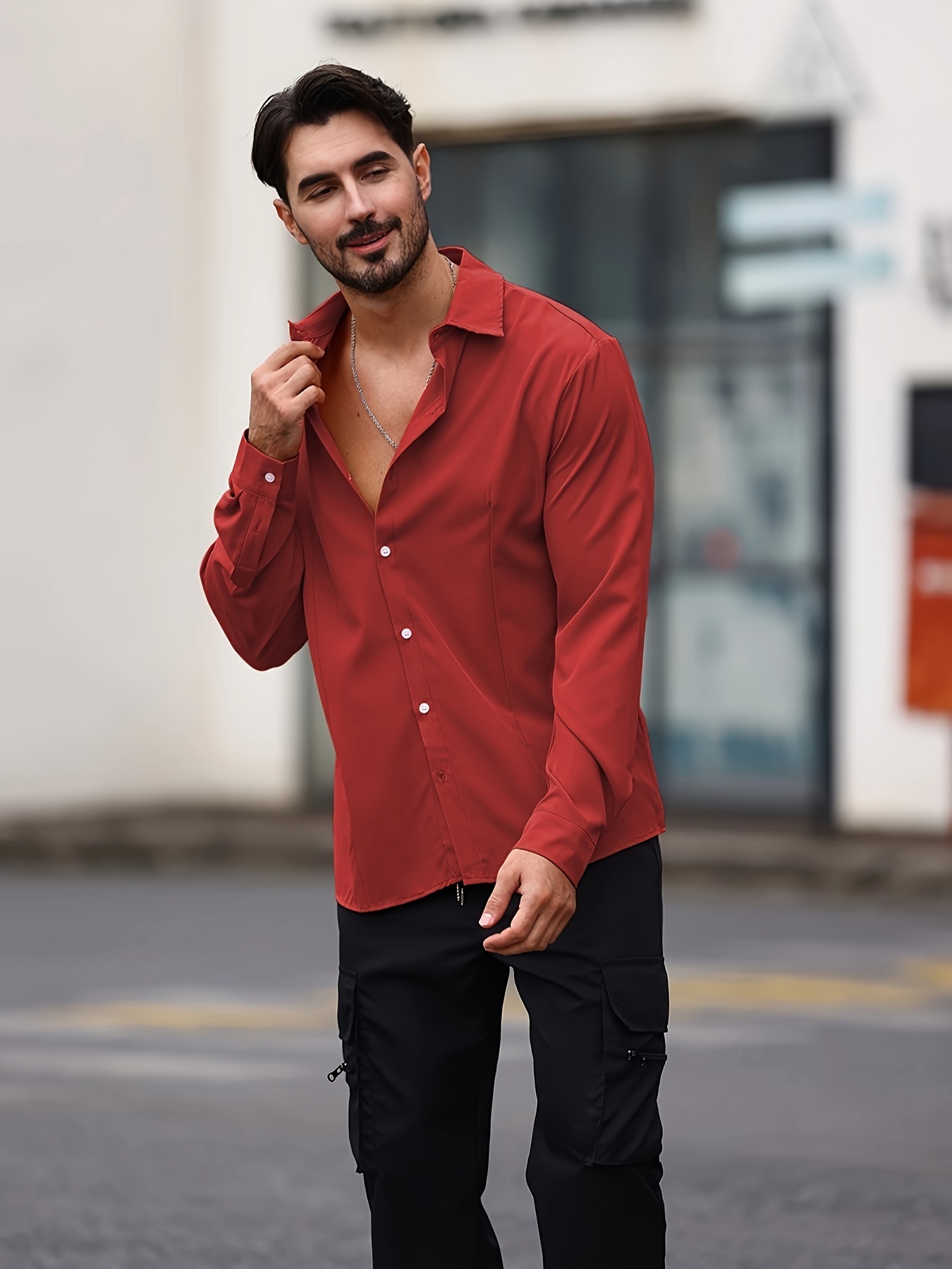 Long Sleeve Red Shirt And Black Pant Formal Long Sleeve Dress