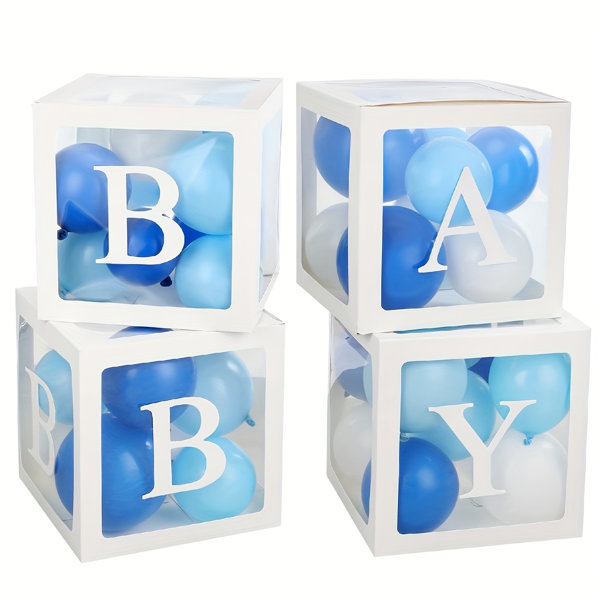  Cajas de baby shower para decoración de fiesta, 4 piezas, cajas  de globos transparentes con letras para decoración de bloques de bebé,  diseño para baby shower, revelación de género, telón de