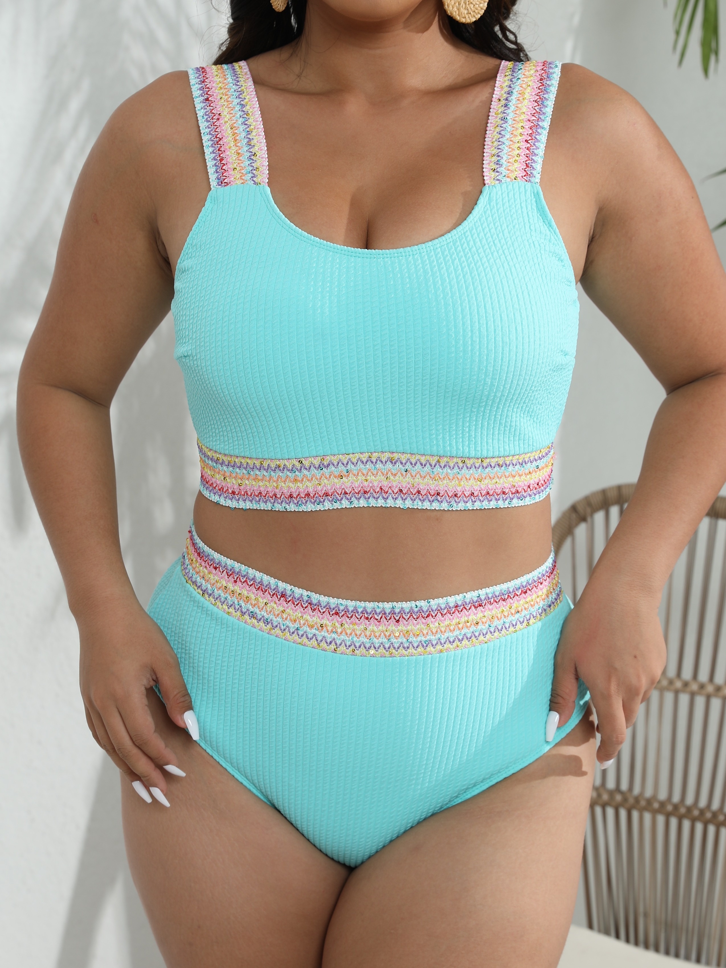 Plus Size Contrast Lace Solid Bikini Set, Women's Plus Medium Stretch Sexy  Swimsuit Set