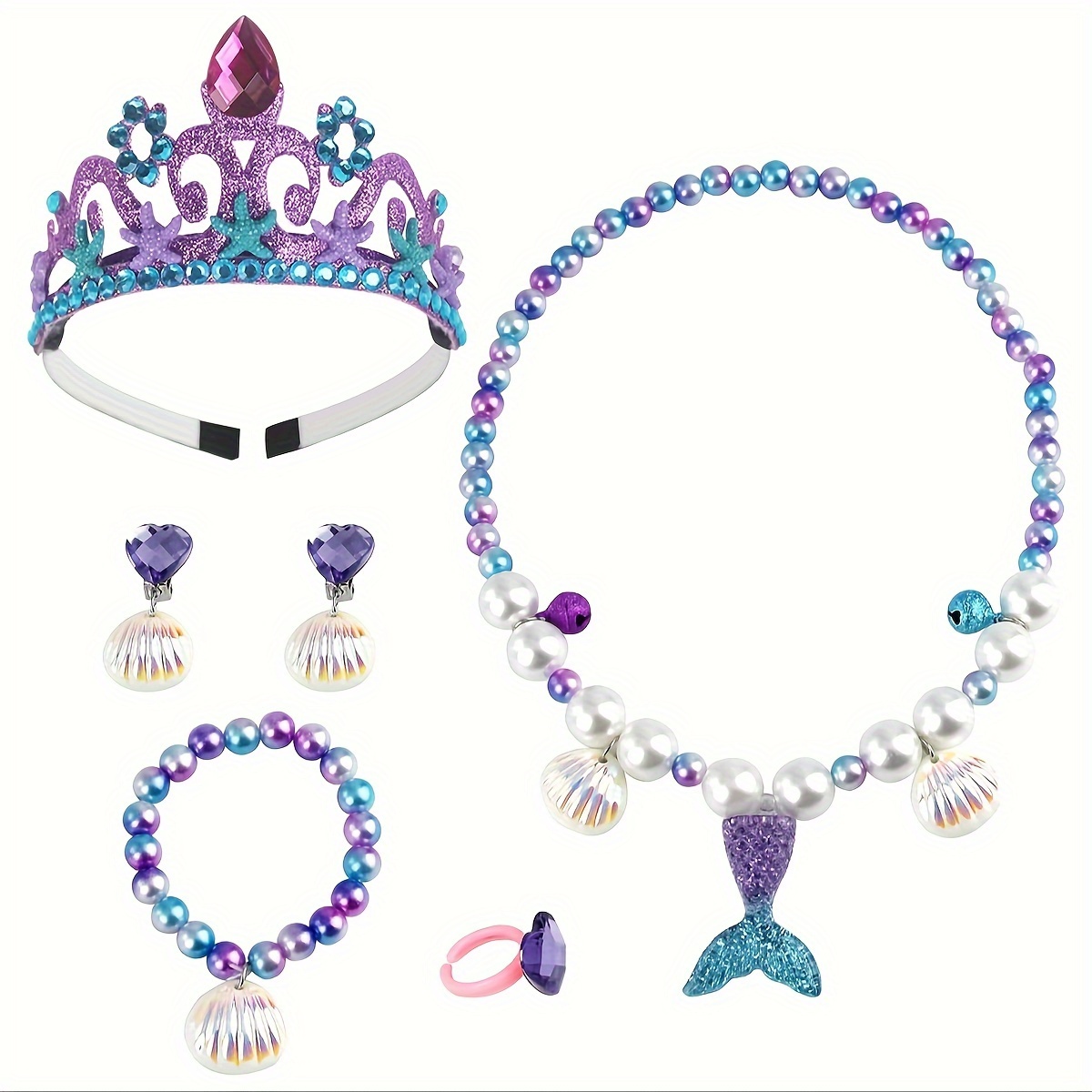 Muyoka Juego de 5 collares y pulseras de sirena para niñas y niños, kit de  joyería de sirena, collar de cola de sirena con campana, pendiente de  concha, pulsera de concha de