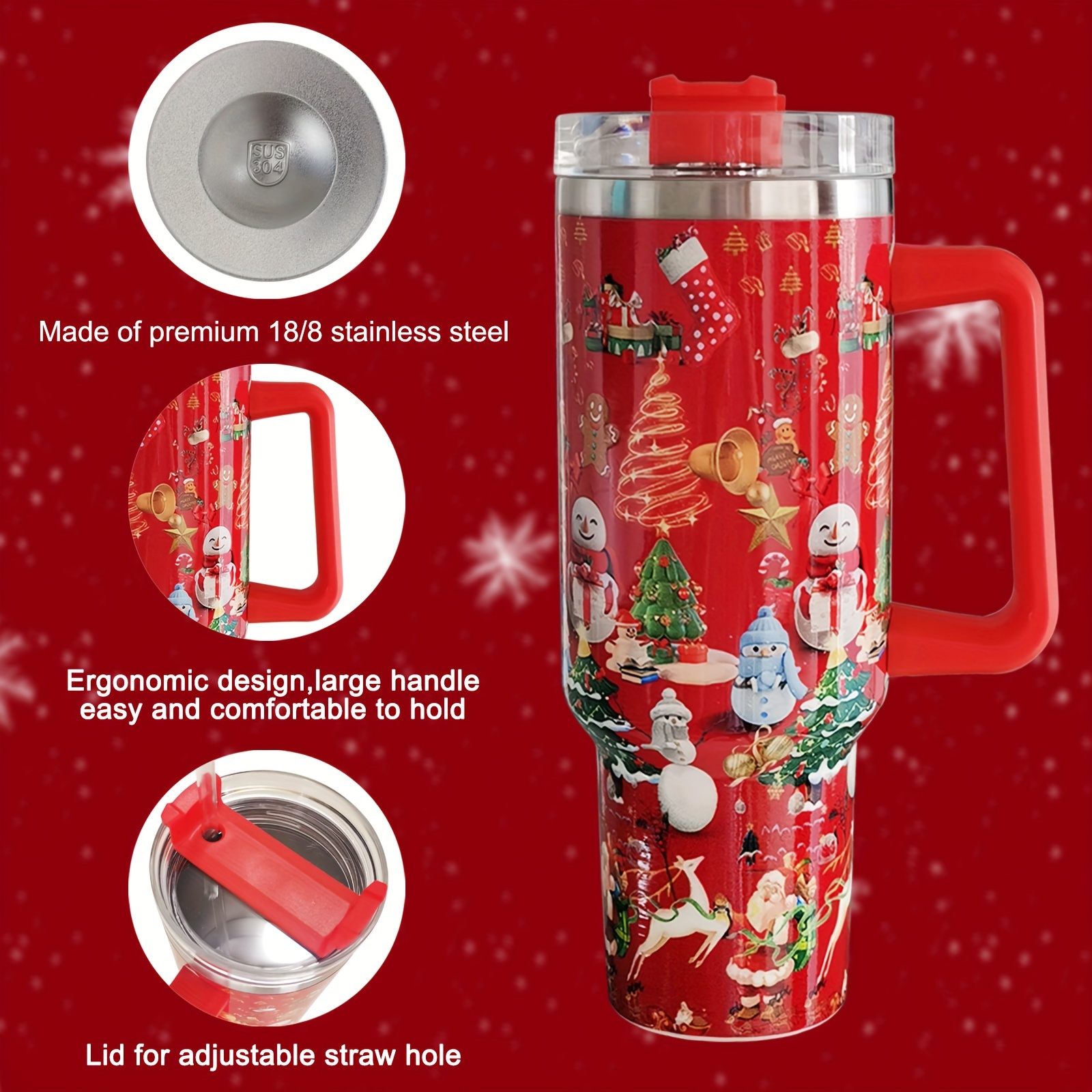 1pc 1200ml/40oz Portable Engraved Christmas Tumbler 2.0 With Handle,  Stainless Steel Insulation Cup With Straw
