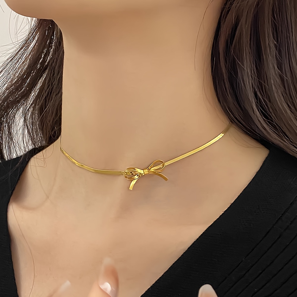 1 Stainless Steel Flat Snake Chain Bow Choker Necklace For Women