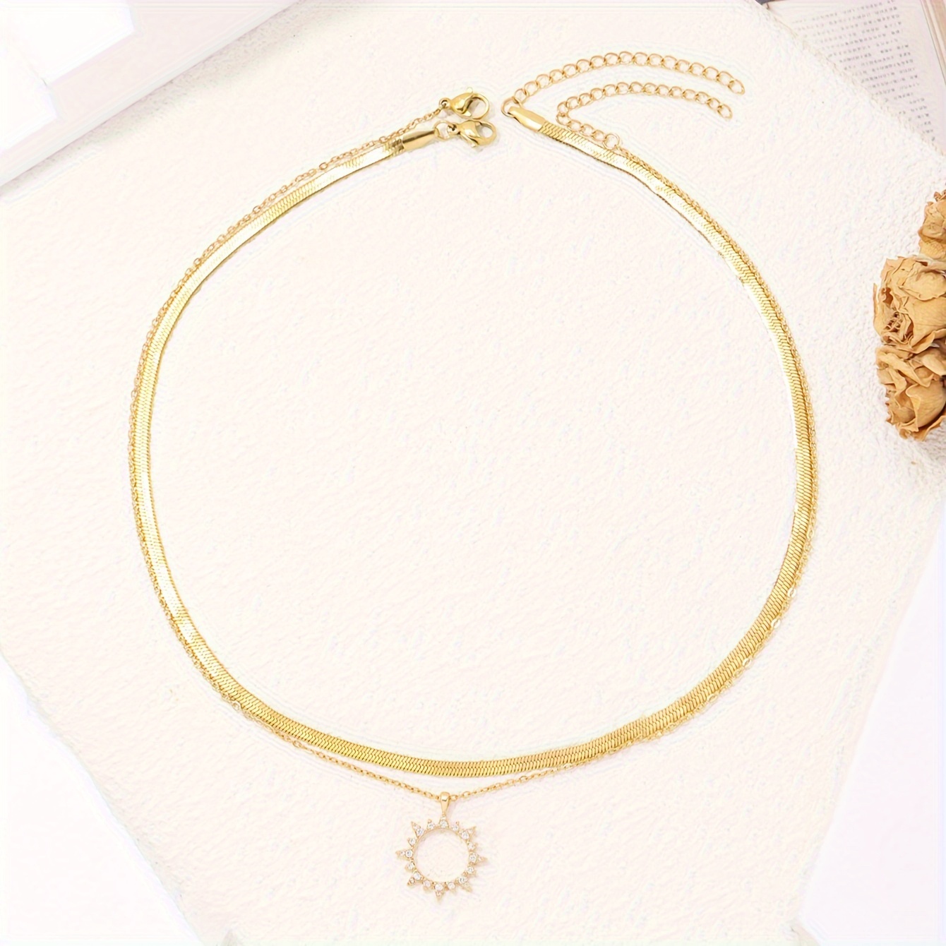 Image of Luxury Synthetic Zirconia Sun Pendant Stainless Steel Flat Snake Chain Double Layer Women's Necklace Holiday Daily Jewelry (flat Snake Chain Stainless Steel Real)