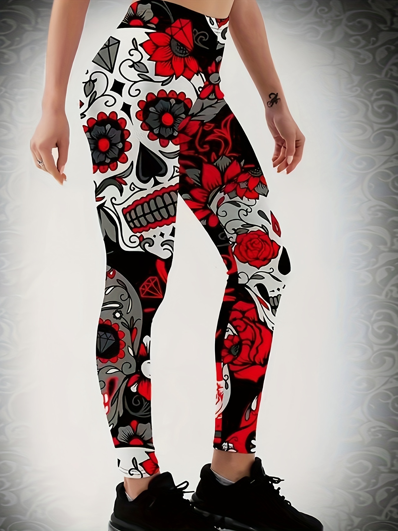Floral Skull Print Skinny Leggings Casual Every Day Stretchy
