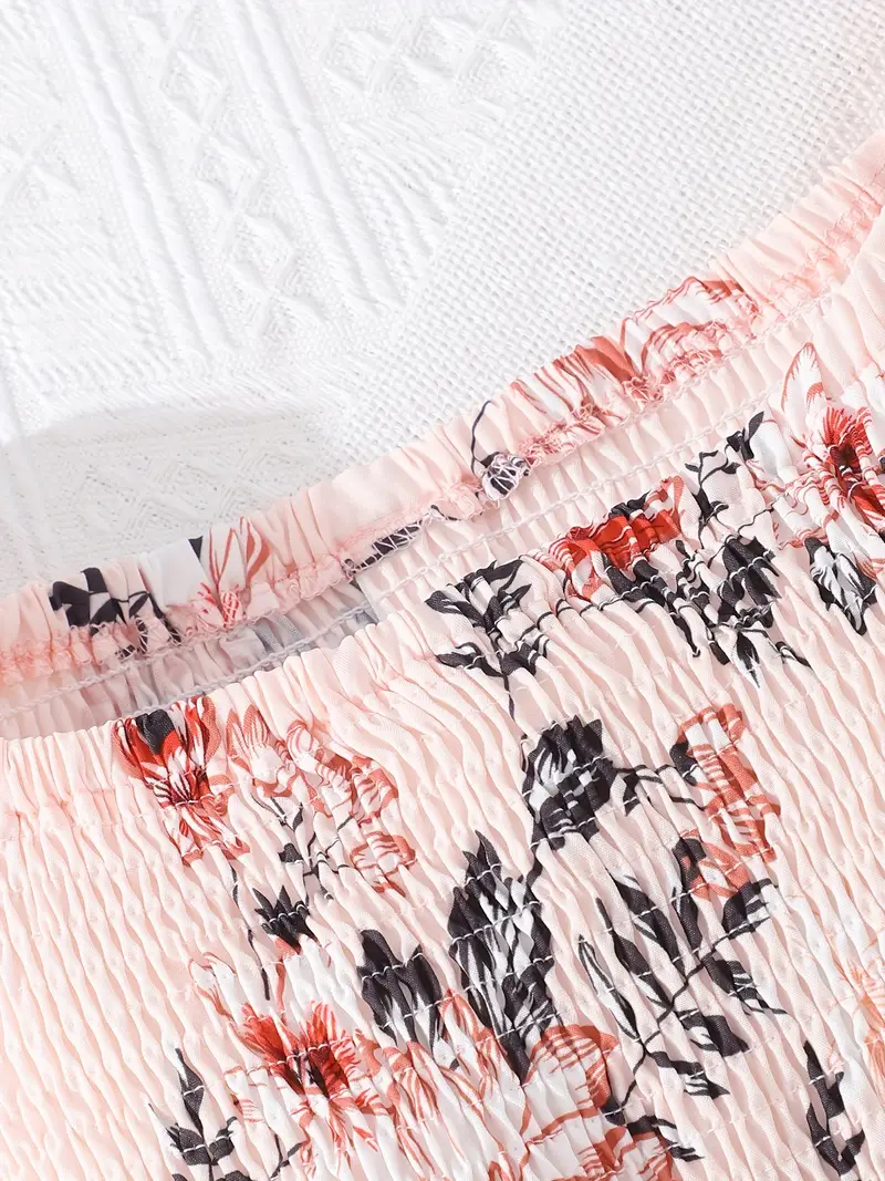 girls floral print shirred short sleeve casual dress belt for summer details 27