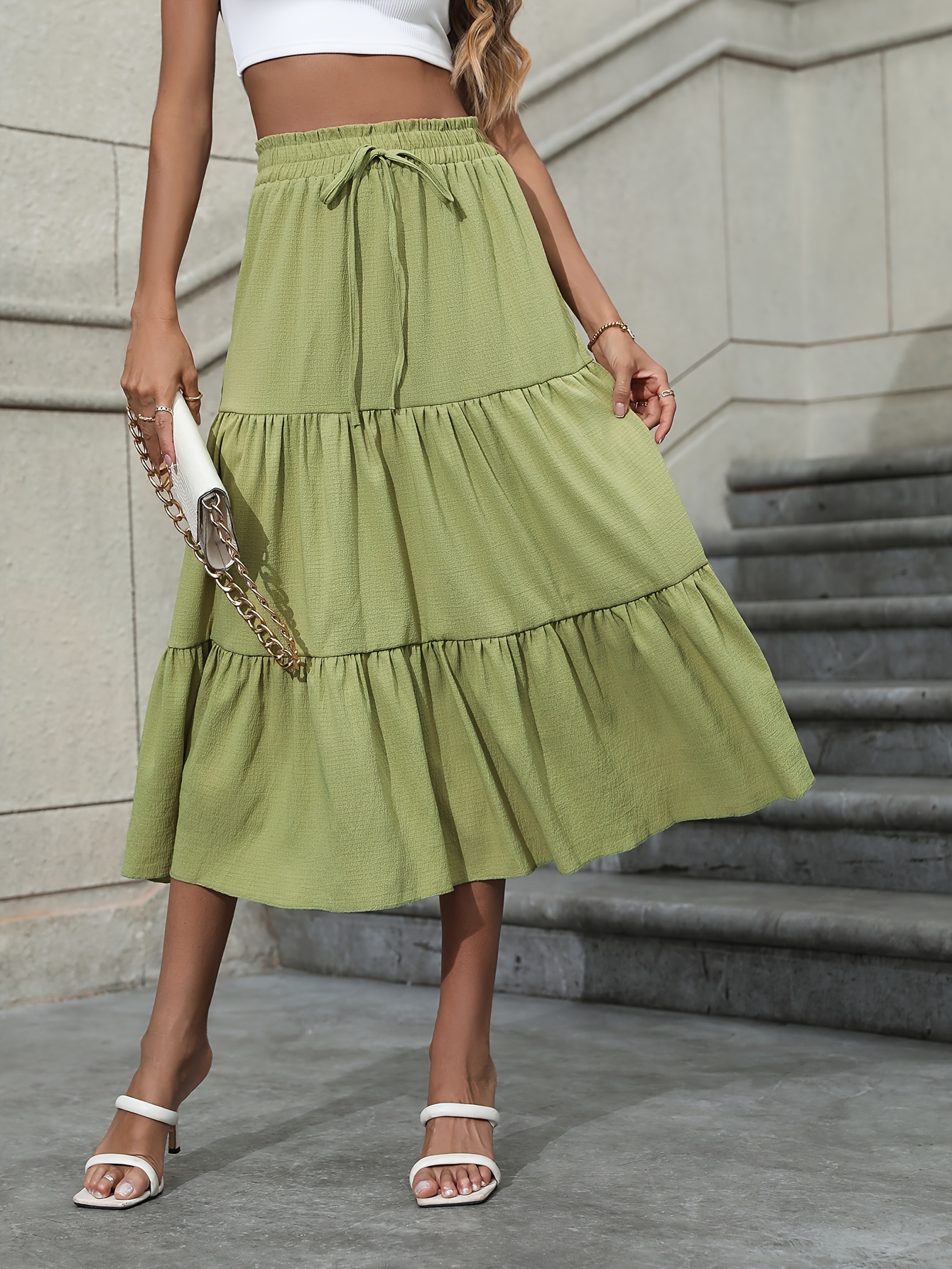  Solid Ruffle Hem Maxi Skirt - Casual High Waist Layered/Tiered  Skirt (Color : Black, Size : Medium) : Clothing, Shoes & Jewelry