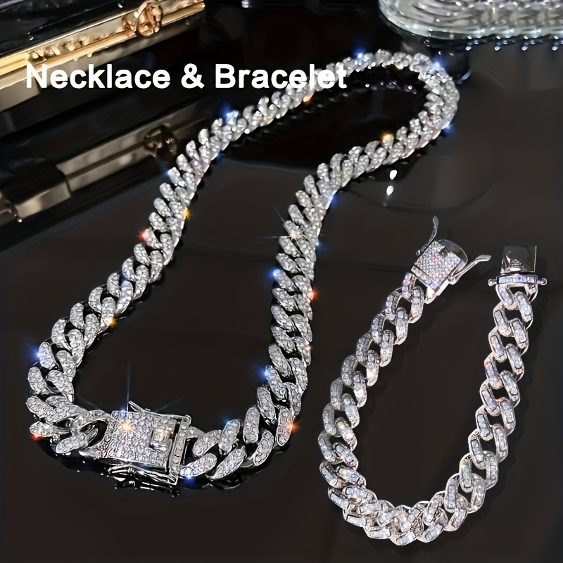 2pcs/set Hip Hop For Women Men Rhinestone Chain Jewelry Set