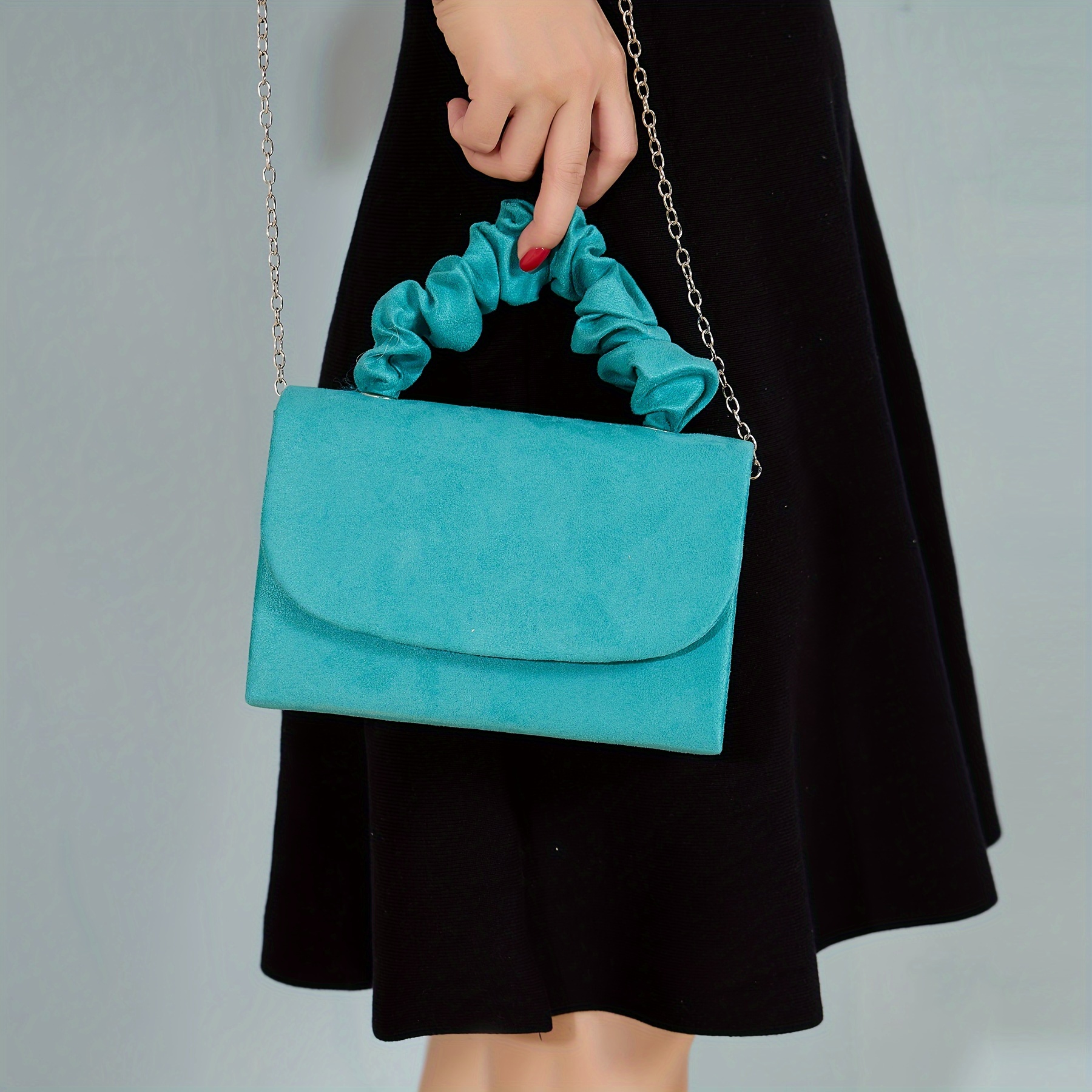 Teal Velvet Evening Envelop Clutch Bag With Wristlet Evening 