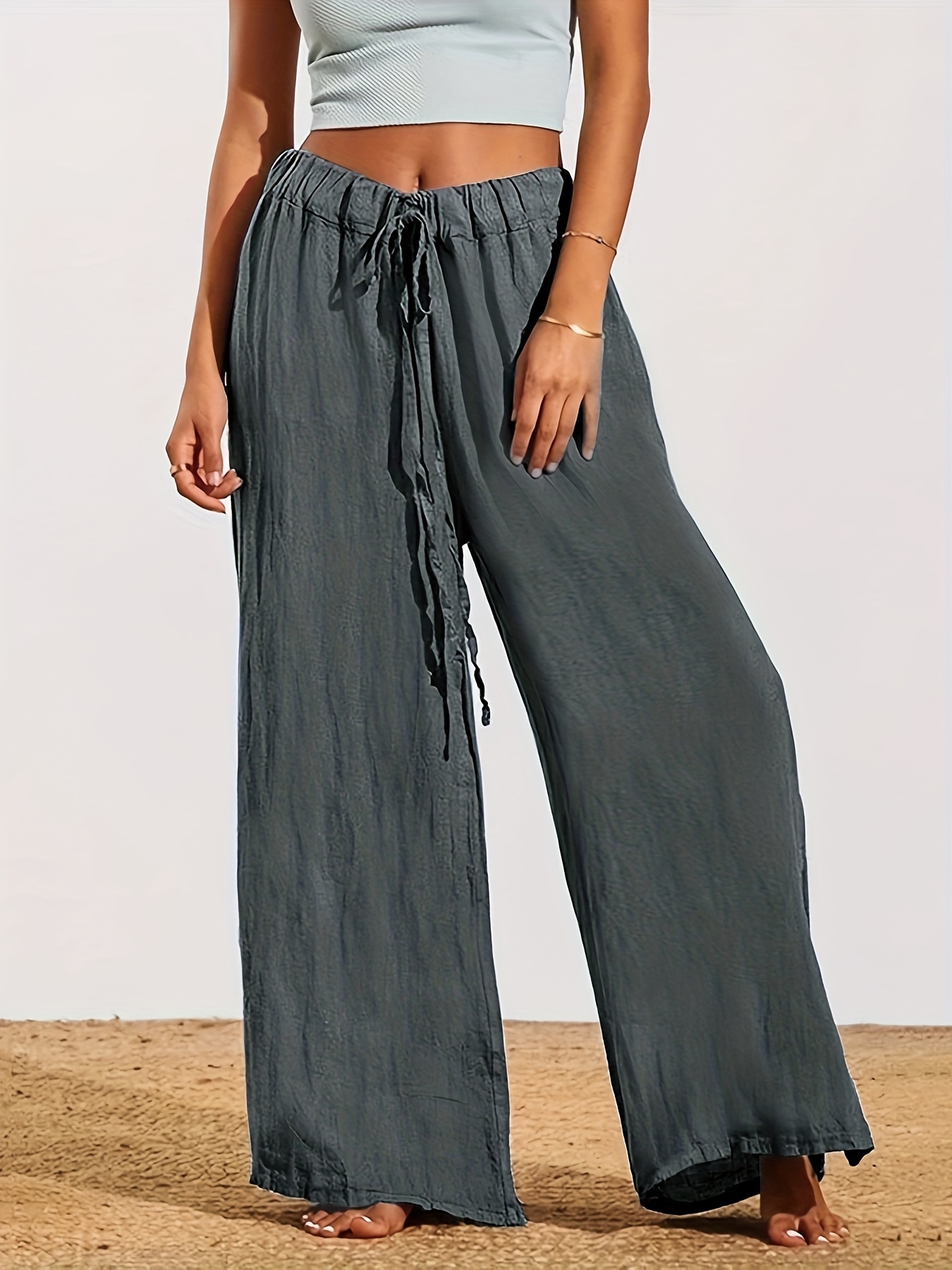 Plus Size Casual Pants Women's Plus Solid Drawstring Roll - Temu