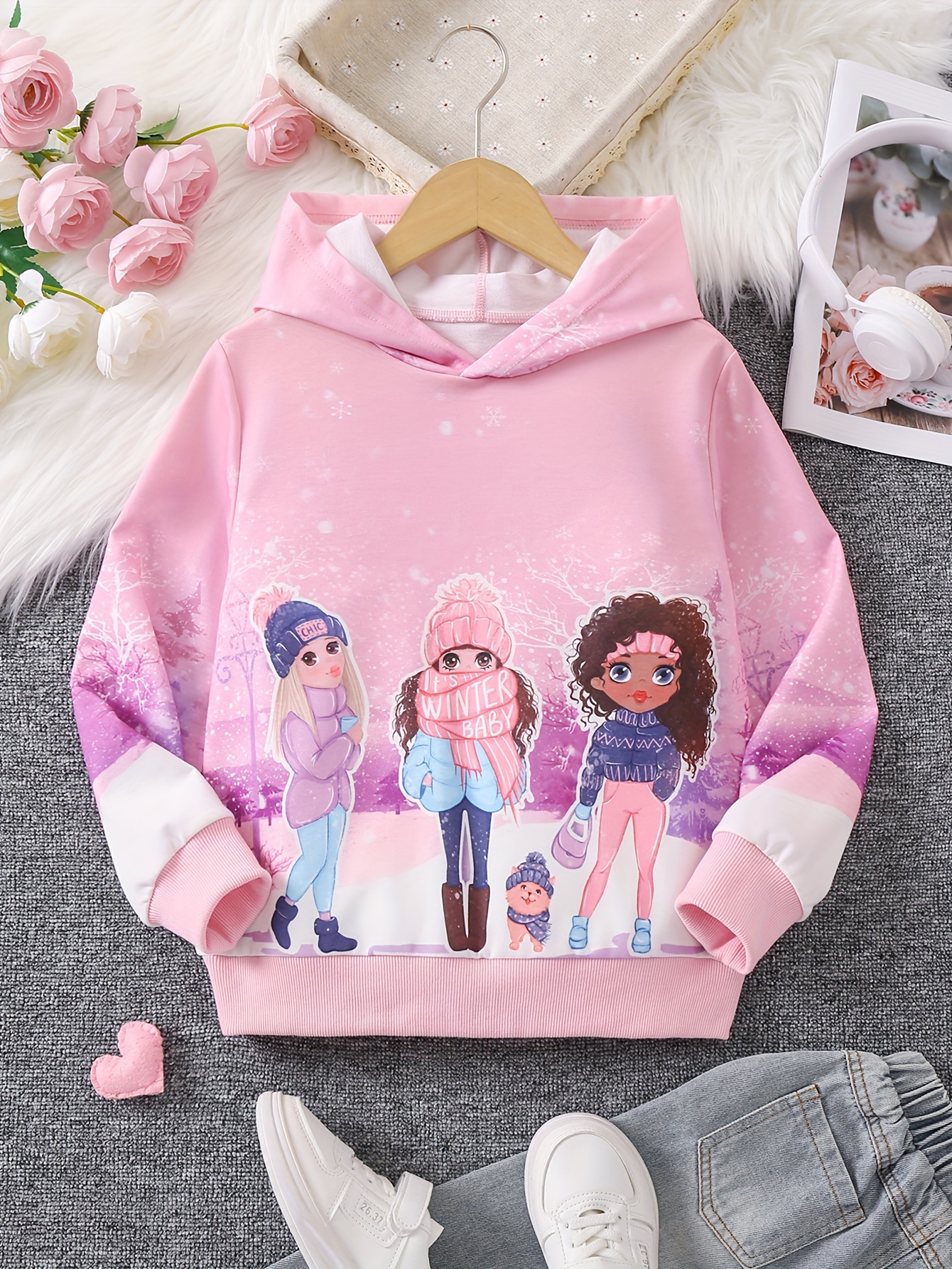 Anime Girl Graphic Print Hoodie for Girls, Girl's Casual Graphic Design Pullover Hooded Sweatshirt with Kangaroo Pocket Streetwear for Winter Fall