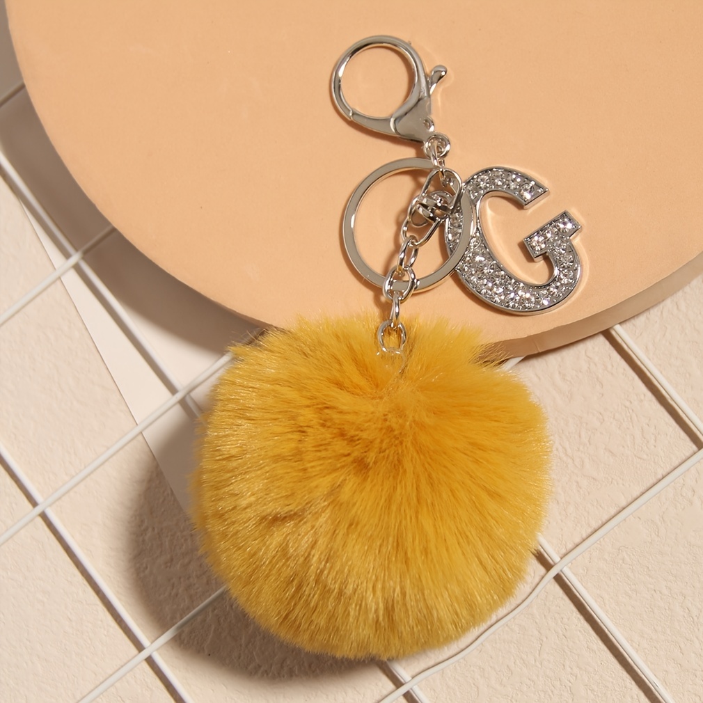 SUSULU Silver Metal Alphabet Keychains Rhinestone Keyring with 3in Fur Pom  Poms Women Girls Shiny Crystal Key Ring Letter