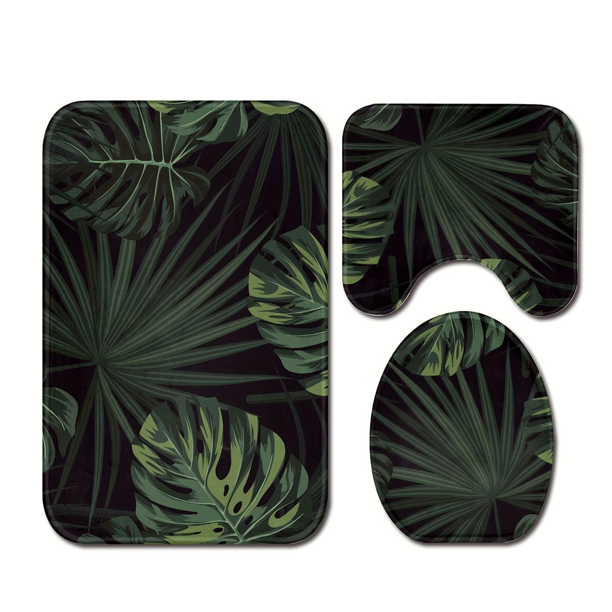 

3pcs/set Dark Green Leaves Pattern Printed Floor Mat, Three-piece Bathroom Mat Set, Non-slip Mat, Water-absorbent Mat, Toilet Lid Mat, Toilet U-shaped Mat, Floor Rugs