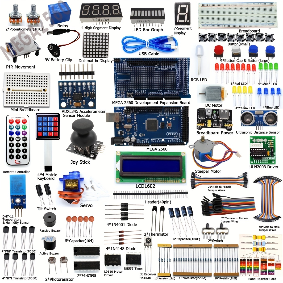 Kit de componentes electrónicos, surtido de diversión para principiantes  con 830 puntos de empate Breadboard, más de 400 componentes