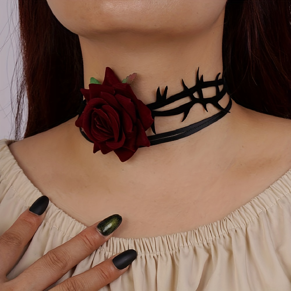 Gothic Red Rose Black Choker Halloween Retro Floral Vampire - Temu