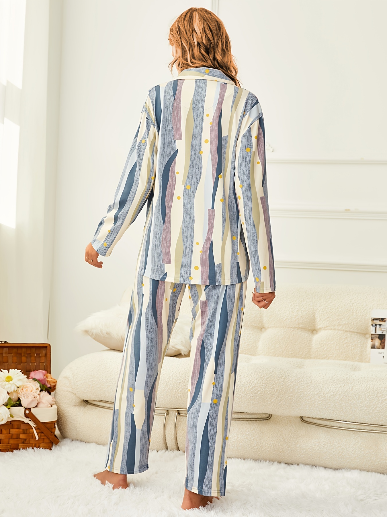 Abstract Striped Pajama Set, Long Sleeve Button Up Top & Elastic Waistband  Pants, Women's Sleepwear & Loungewear