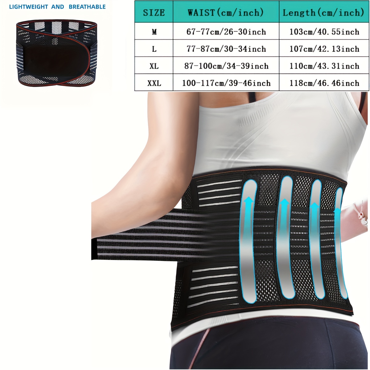 Cinturón de soporte lumbar, ligero y transpirable, para hombres y mujeres,  soporte para la columna vertebral, cinturón ajustable para la cintura