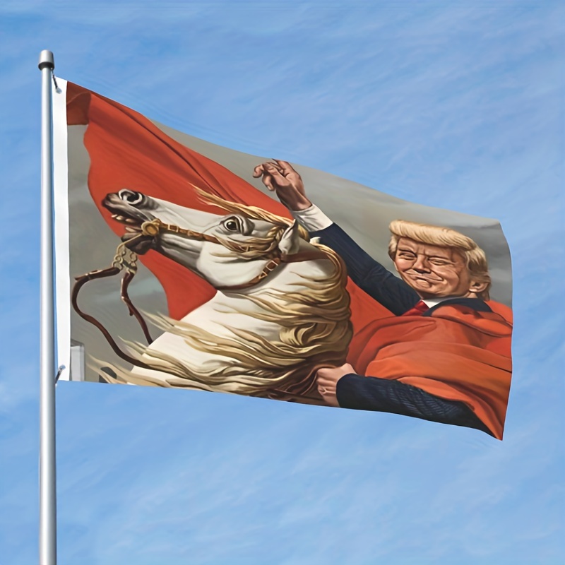 1pc trump riding horse creative art flag polyester cloth festival party flag trump election decoration flag for garden patio bedroom living room tablecloth dorm home hanging decor no flagpole 2 3ft details 1