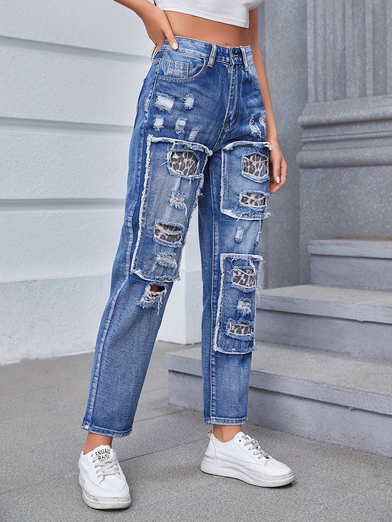 Blue Leopard Print * Straight Jeans, Slant Pockets Non-Stretch Ripped Holes  Denim Pants, Women's Denim Jeans & Clothing