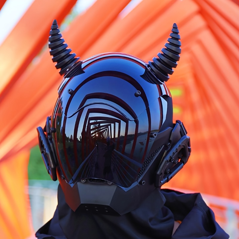 Cyberpunk Cool Mecha Style Futuristic LED Mask, Horn Design Mysterious Black Helmet Halloween Dress Up, Christmas Cosplay Photography Props, Bar