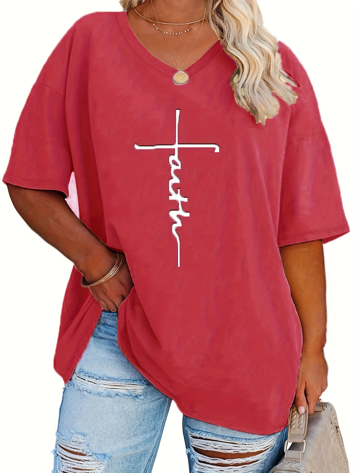 Plus Size - Women'S Plus Size V-Neck Casual T-Shirt - Short Sleeve, White with Black Letter Print, Lightweight Summer Tee for Casual Attire, Ladies T Shirts