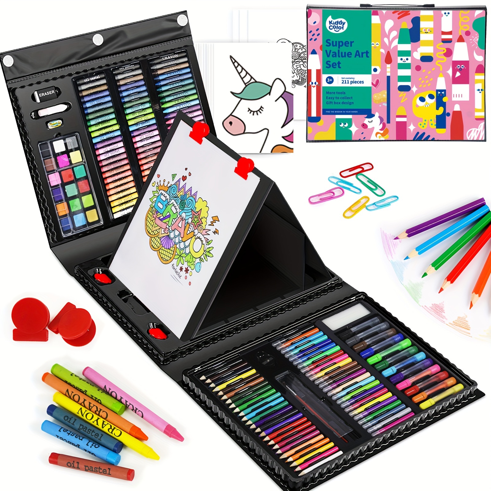  Kit de dibujo para niños, 208 piezas, kit de dibujo para niños,  diseño de dibujos animados, colores surtidos, kit de dibujo de colores  multiusos, para niños y adultos () : Arte