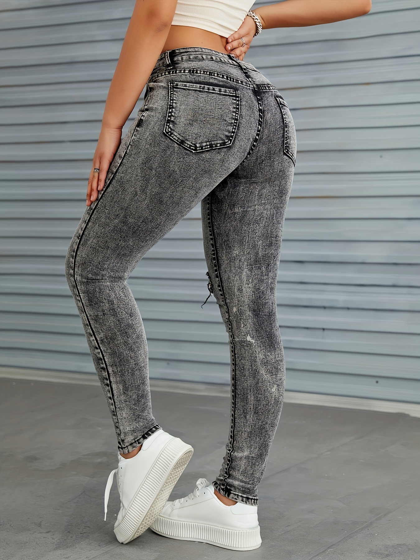 Ripped Holes Washed Skinny Jeans, Slim Fit High Stretch Distressed Tight  Jeans, Women's Denim Jeans & Clothing