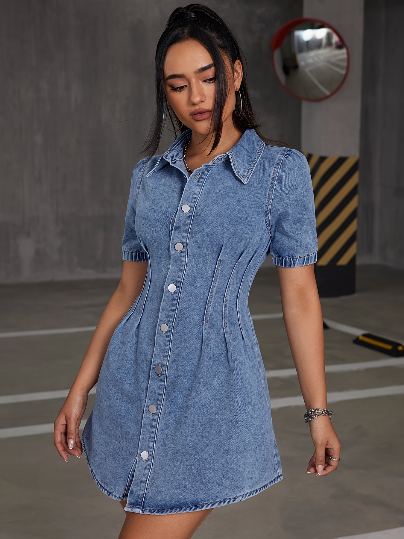 Blue Short Sleeves Denim Dress Single Breasted Button - Temu