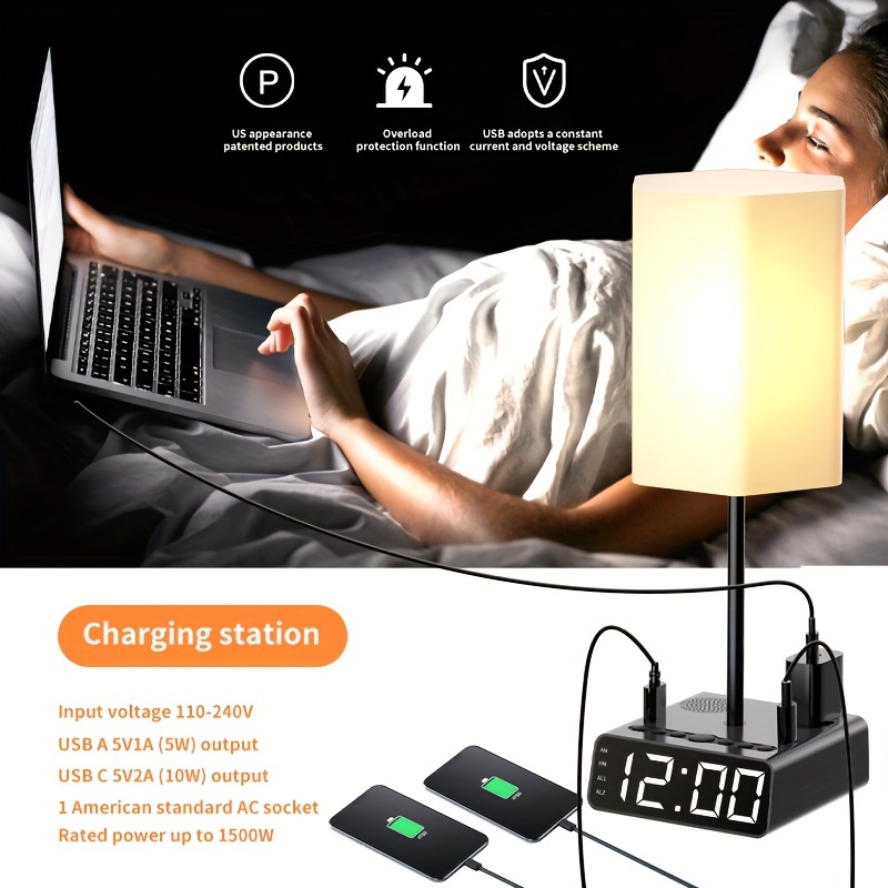 Lámpara de noche con puertos USB, lámpara de mesa de control táctil para  dormitorio con puertos de carga USB C+A y salidas de CA, luz regulable de 3