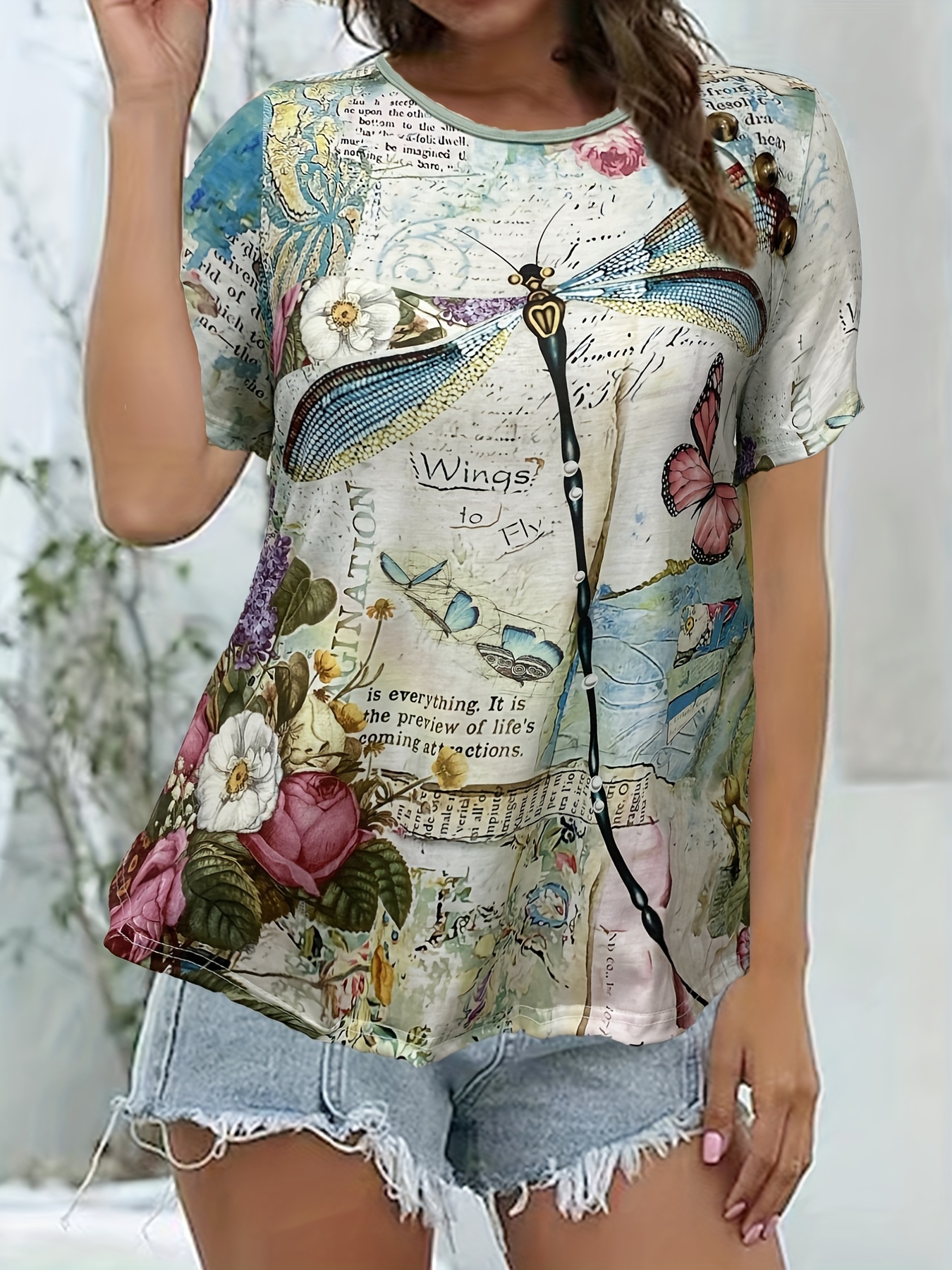 Plus Size Casual T-shirt, Women's Plus Dragonfly & Butterfly