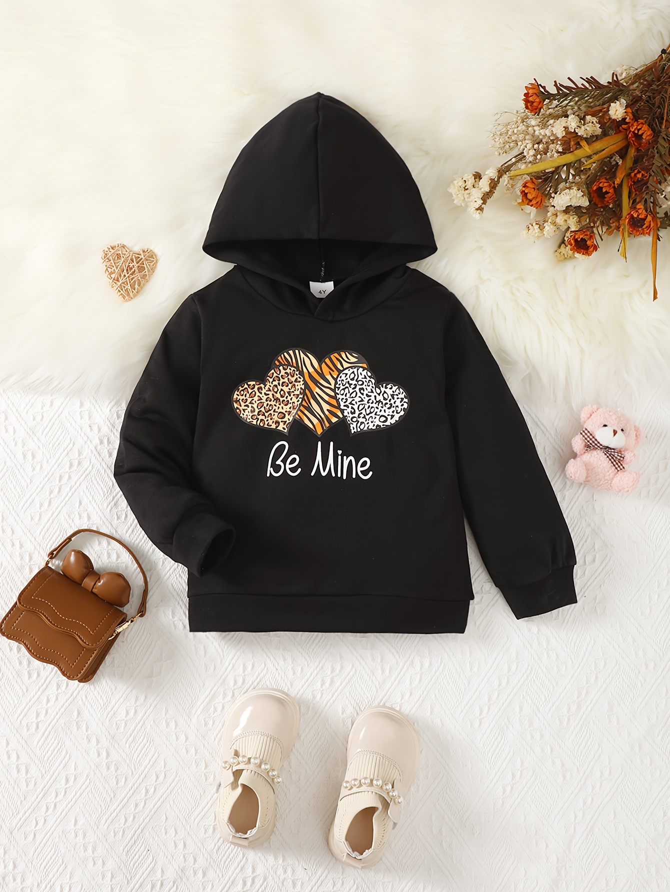 girls' romantic heart print hoodie cozy polyester long Temu