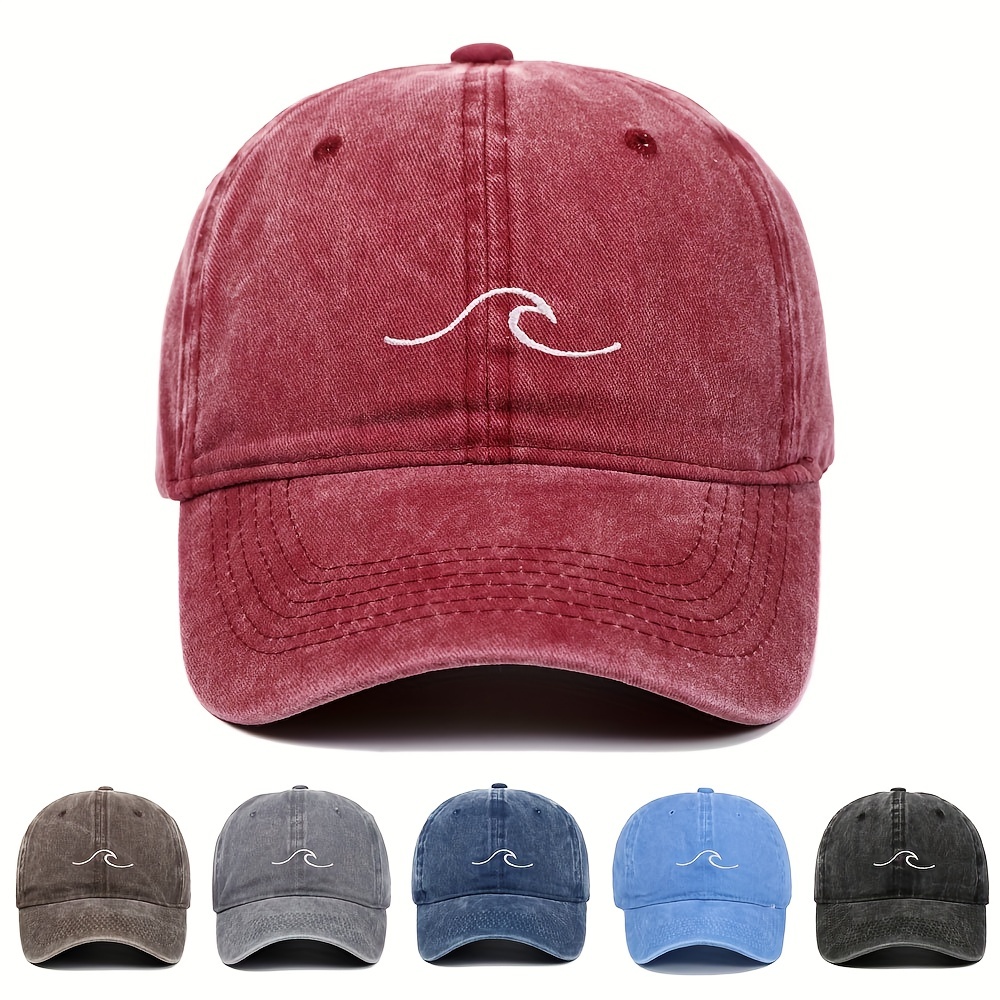 

Wave Ripple Embroidery Baseball Cap Solid Color Washed Distressed Dad Hats Simple Vintage Hip Hop Sun Hats For Women & Men