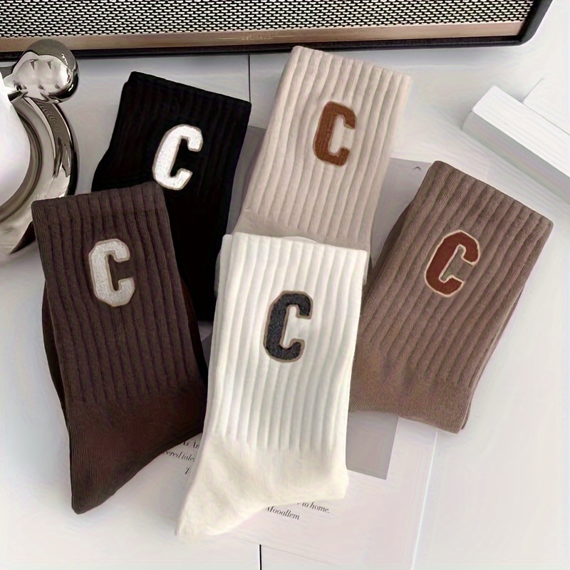 

5 Pairs Of Men's Letter C Pattern Solid Sport Crew Socks, Thickened Warm Comfy Soft Unisex Trendy Casual Simple Style Socks Winter Autumn