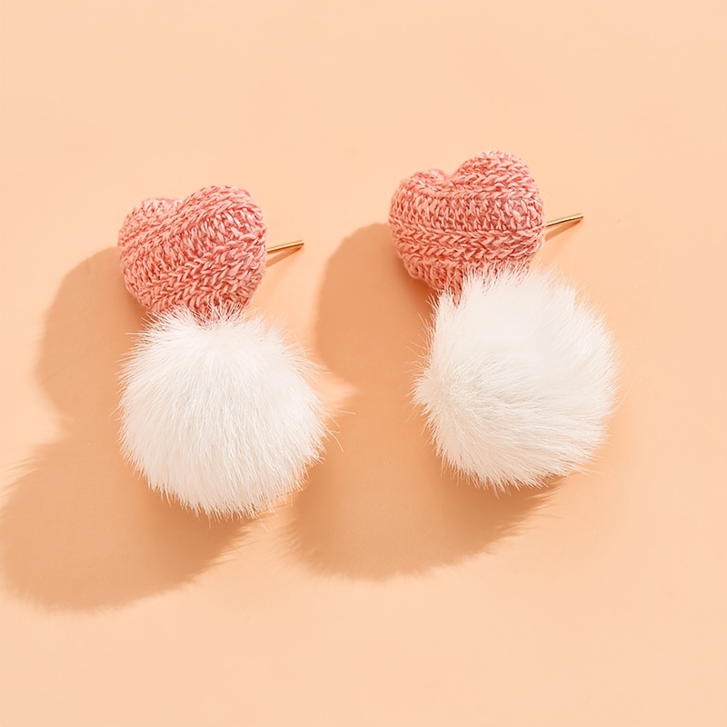 Heart Shaped Pink Earrings with Pom Pom