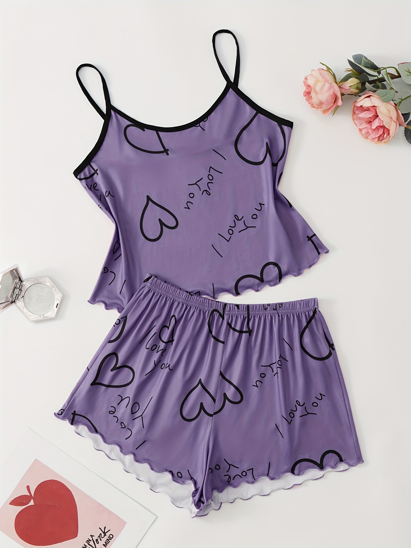 Summer Women\'s Sexy Heart Print Pajamas Set Suspenders - Temu | Shorts