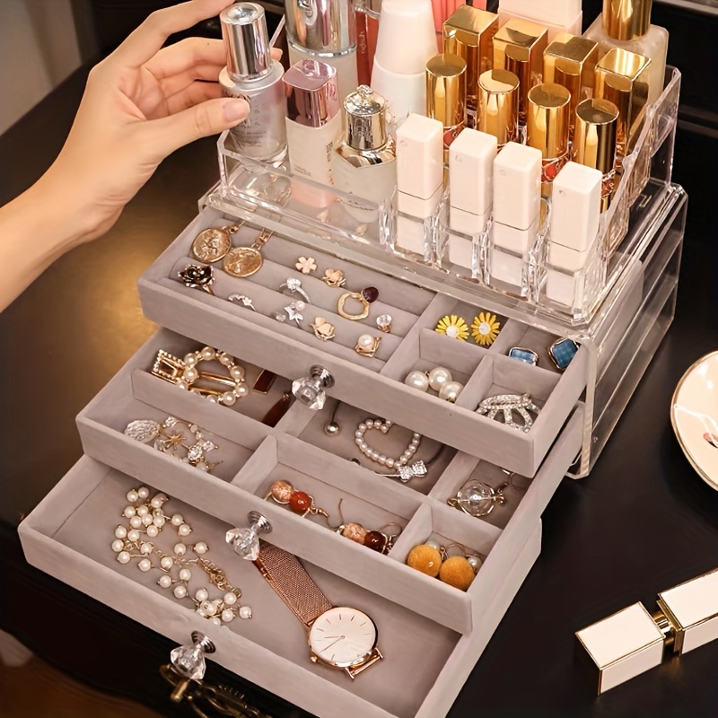 Boîte de rangement cosmétique acrylique bricolage, vitrine d'organisateur  de tiroir de maquillage avec 3 organisateur de bijoux en velours 