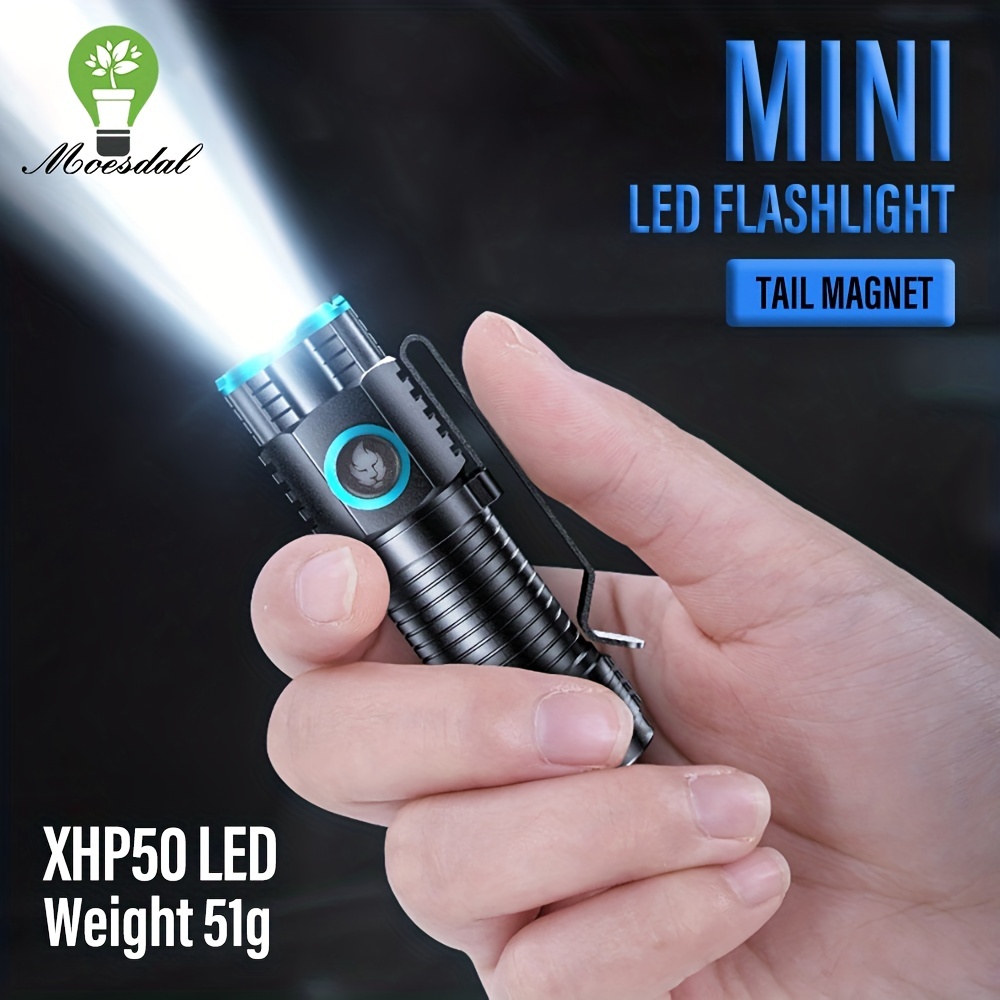 

1pc Powerful Xhp50 Led Flashlight, Portable Mini Torch, Usb Rechargeable 16340 Light, Household Small Flashlight, 3 Modes Camping Fishing Lantern With Tail Magnet, For Outdoor Camping Hiking Fishing