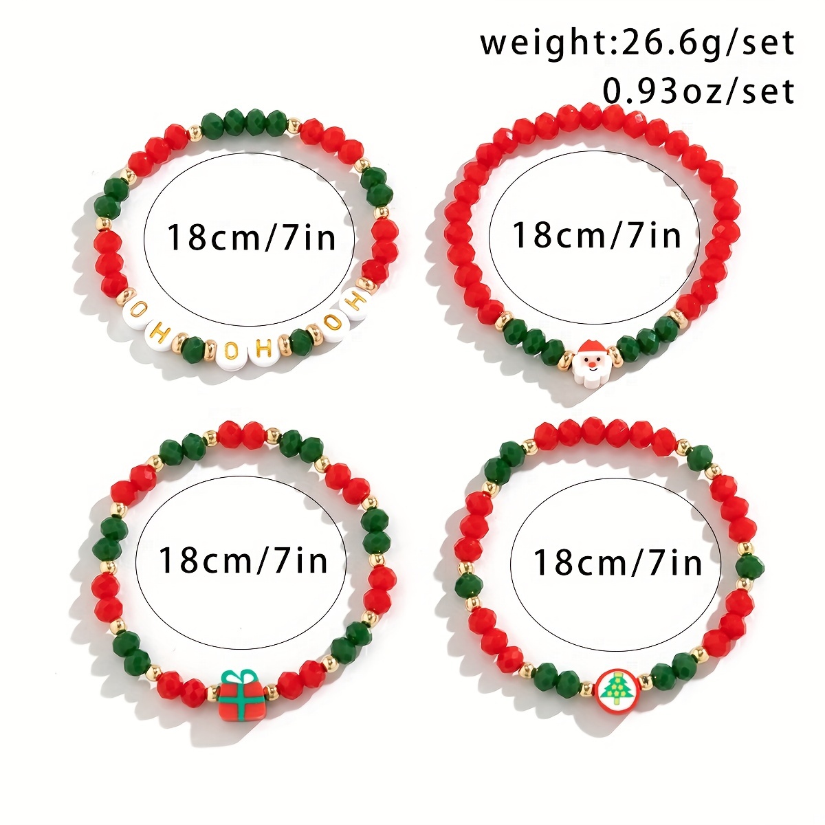 Handmade Bracelets, Clay Bead Bracelets, Ho Ho Christmas Green & Red - Set  Of 2