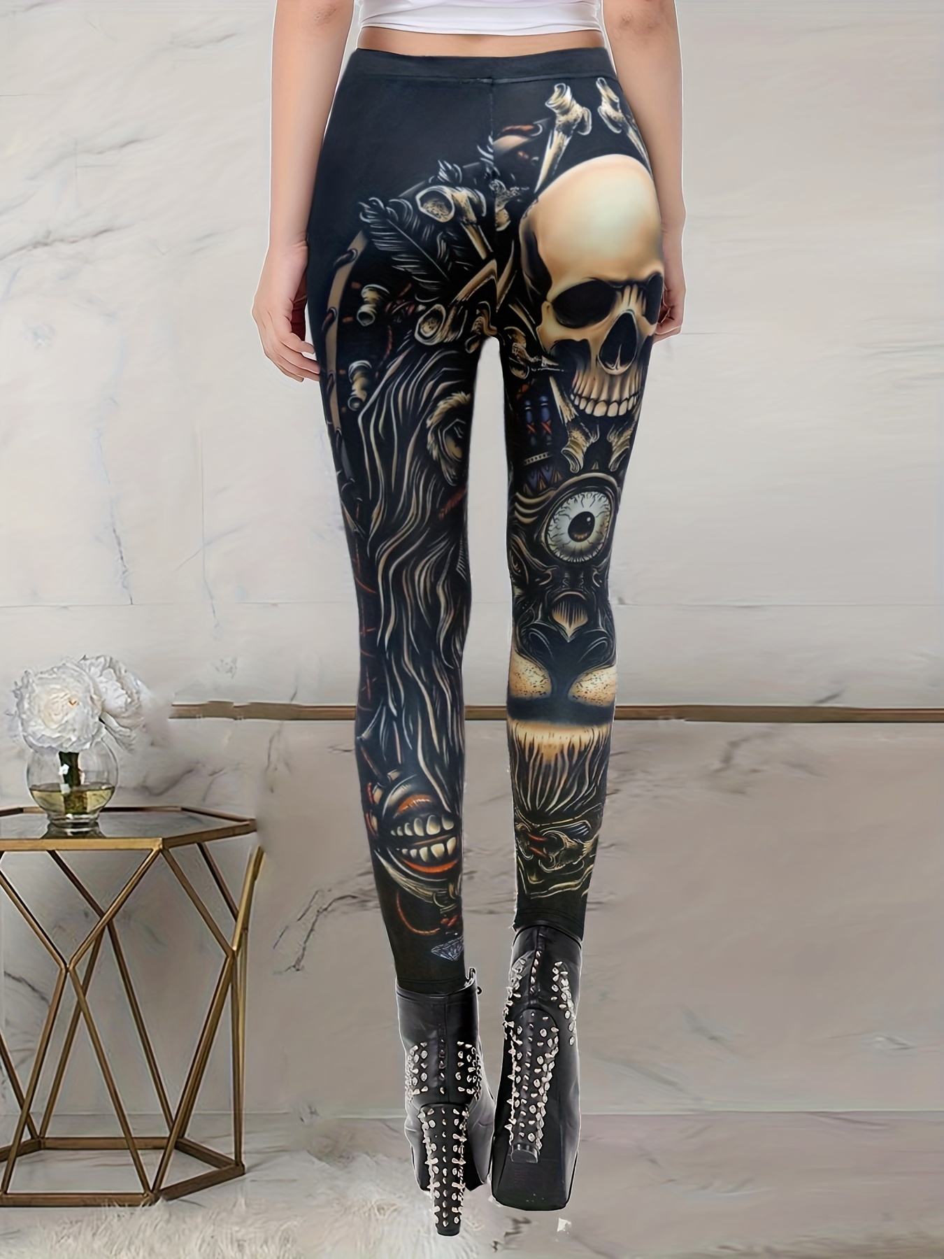 Skull Print Goth Mesh Leggings High Waist See Through Sexy - Temu
