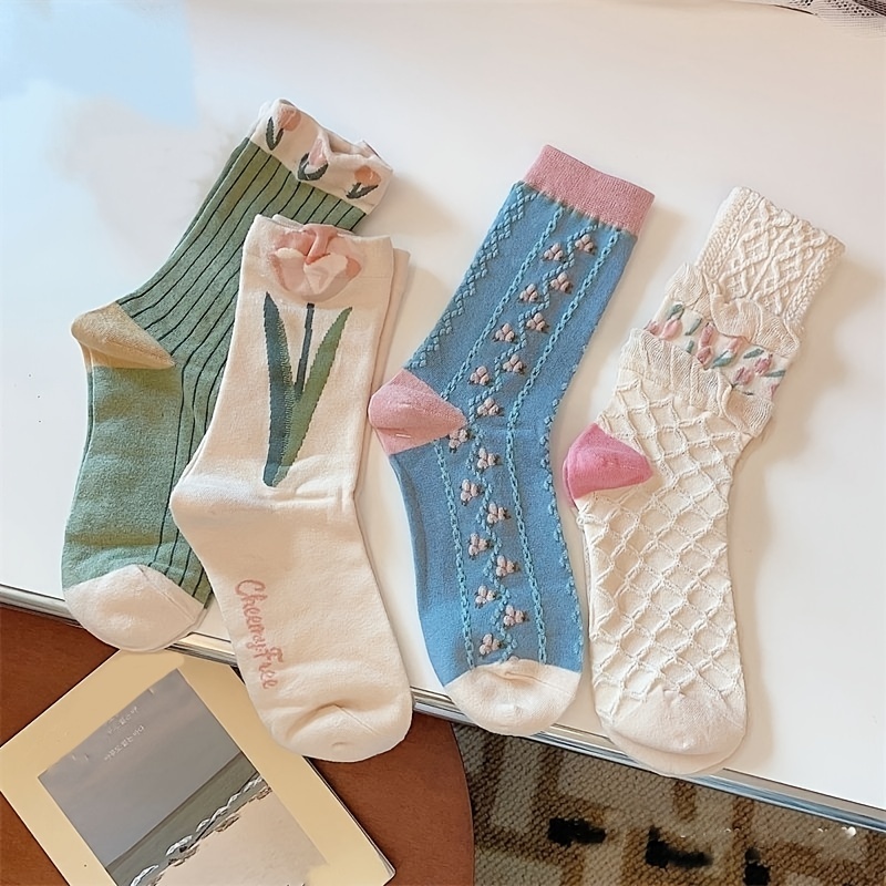 4pairs Floral Socks Set Women Cute Flower Geometric 3D Textured Ankle Cotton Blend Cottagecore Lucky Socks | Our Store