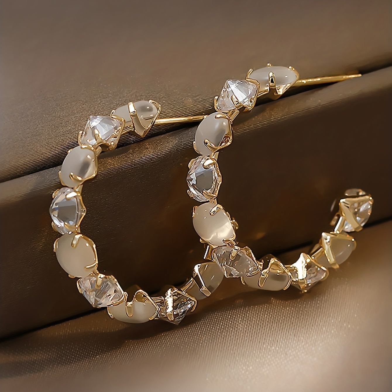 

C Shape Full Shiny Rhinestone Decor Hoop Earrings Japanese / Korean Style Alloy Plated Jewelry Delicate Female Gift