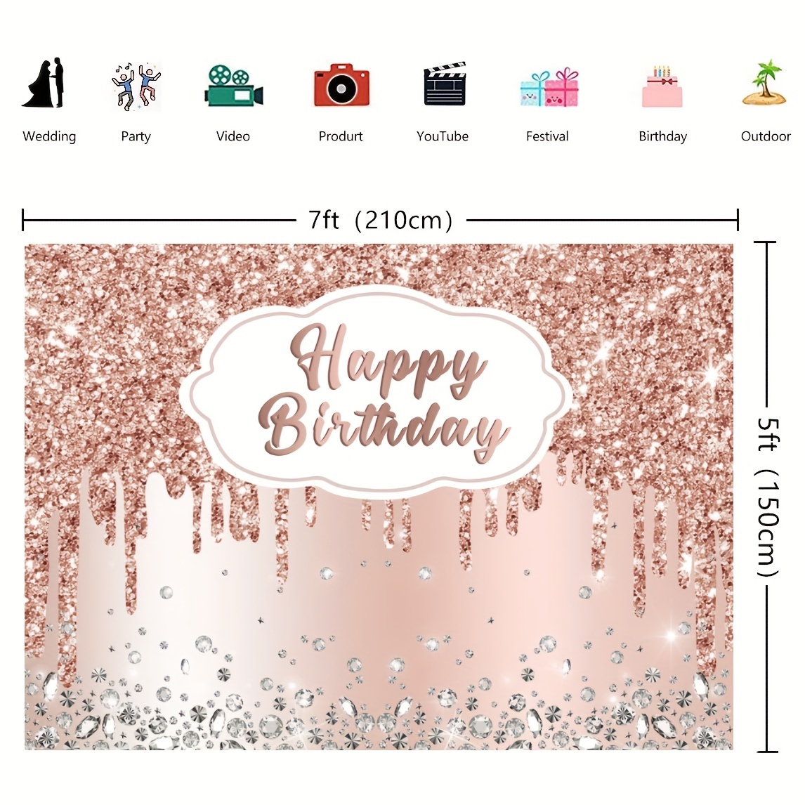 Glitter Pink Rose Gold Happy Birthday Party Backdrop