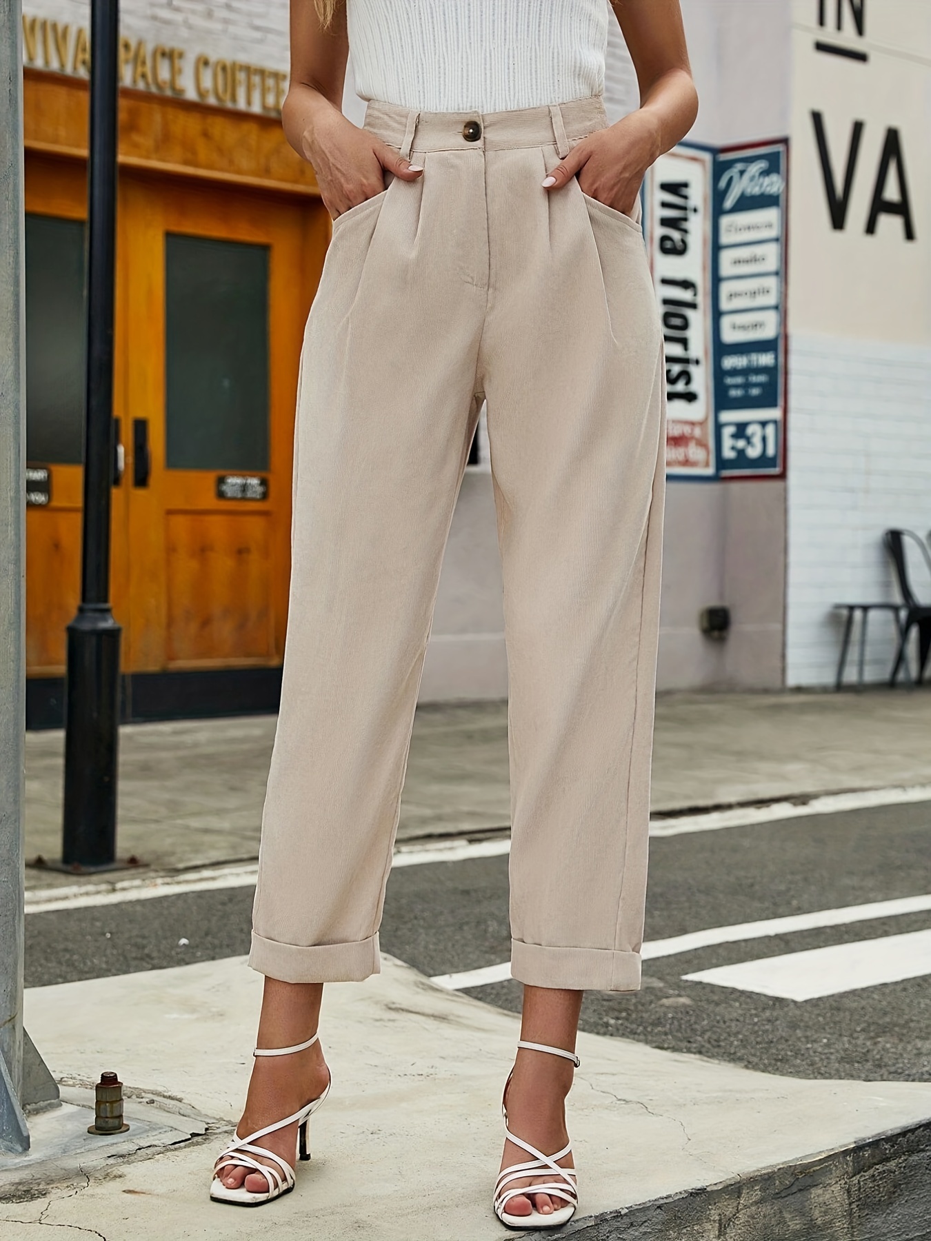 Solid Pocket Tapered Pants, Casual Pleated High Waist Pants