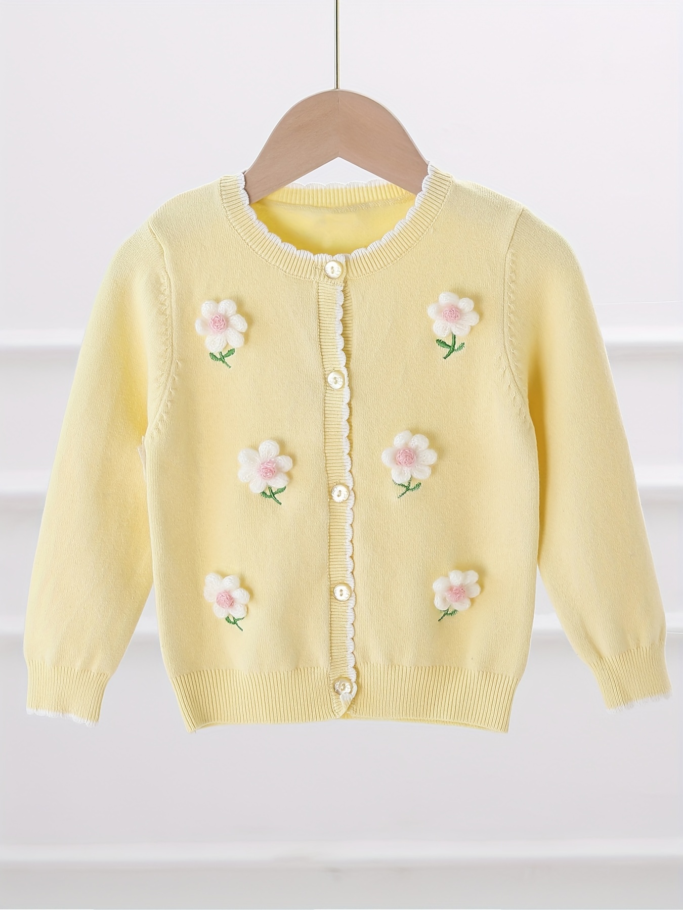 Girls' Scallopped Trims Flower Decor Crew Neck Knitted - Temu