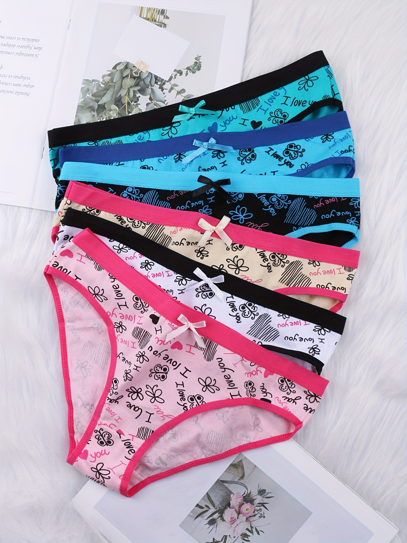 6 Pack Plus Size Cute Panties Set, Women's Plus Butterfly & Heart Print  Contrast Trim Soft Briefs Six Piece Set