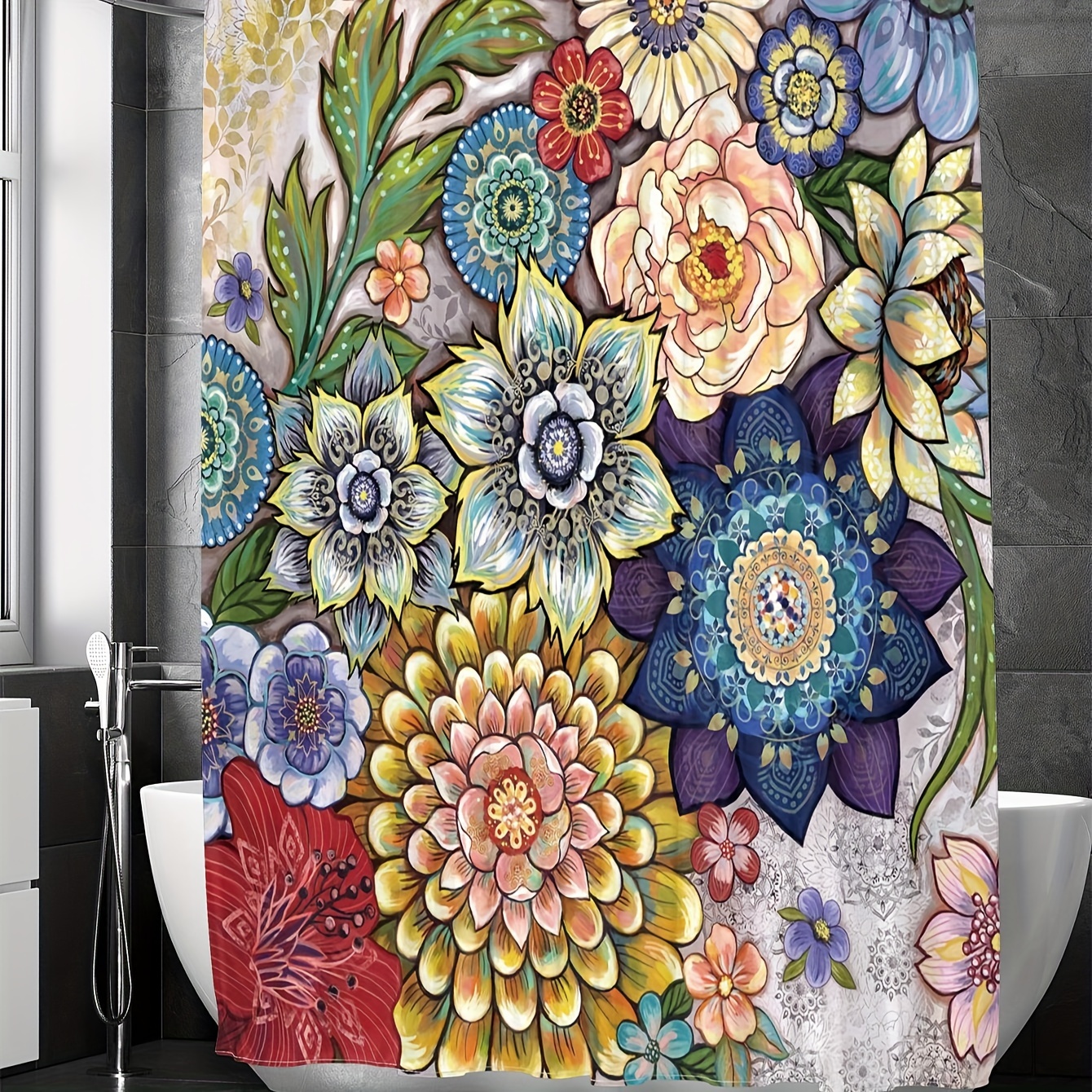 4pcs Bohemian Flower Bathroom Set, Waterproof Shower Curtain With 12 Hooks,  Non-Slip Bathroom Rug, Toilet U-Shape Mat, Toilet Lid Cover Pad, Aesthetic