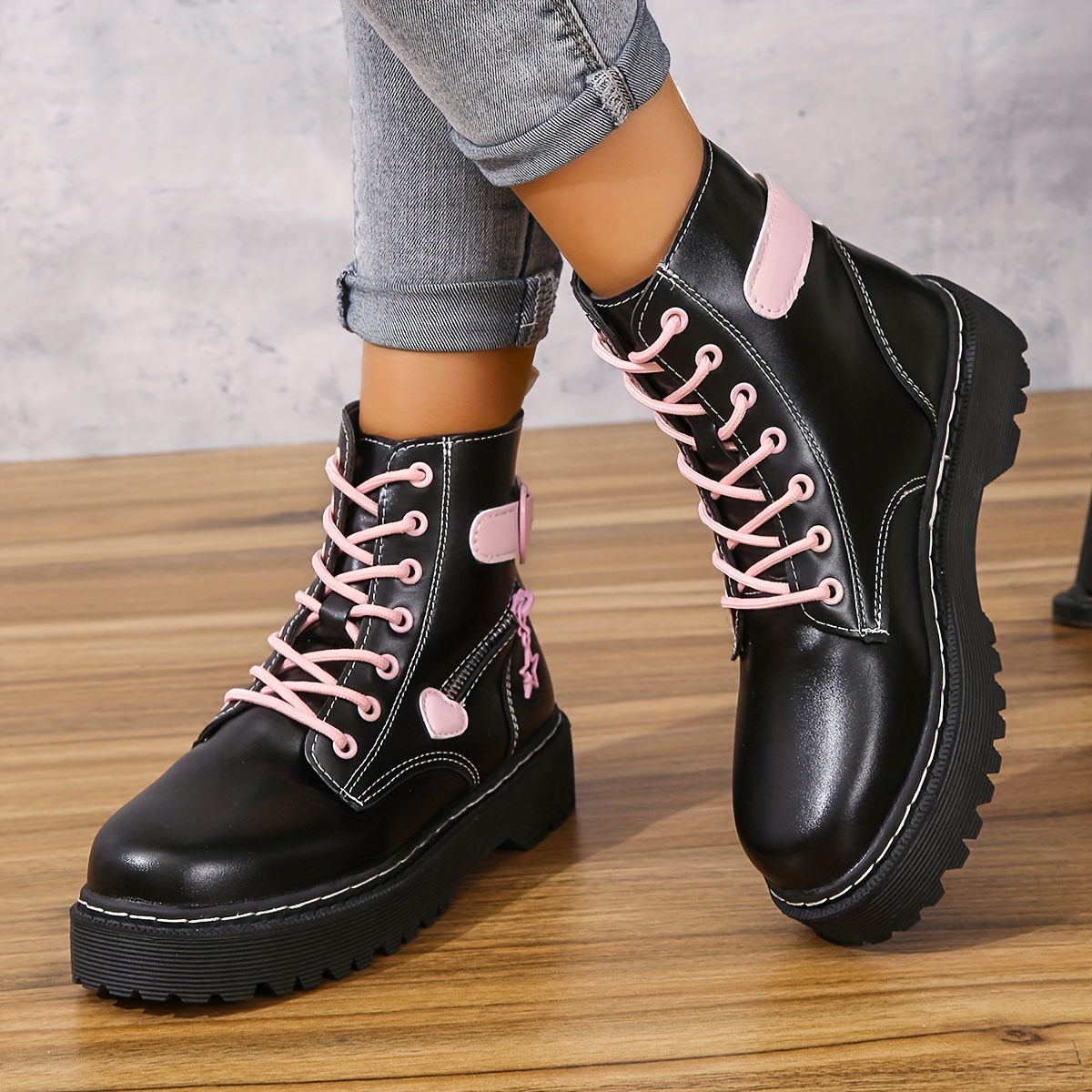 Women's Studded Buckle Decor Lace Ankle Boots Punk Style - Temu