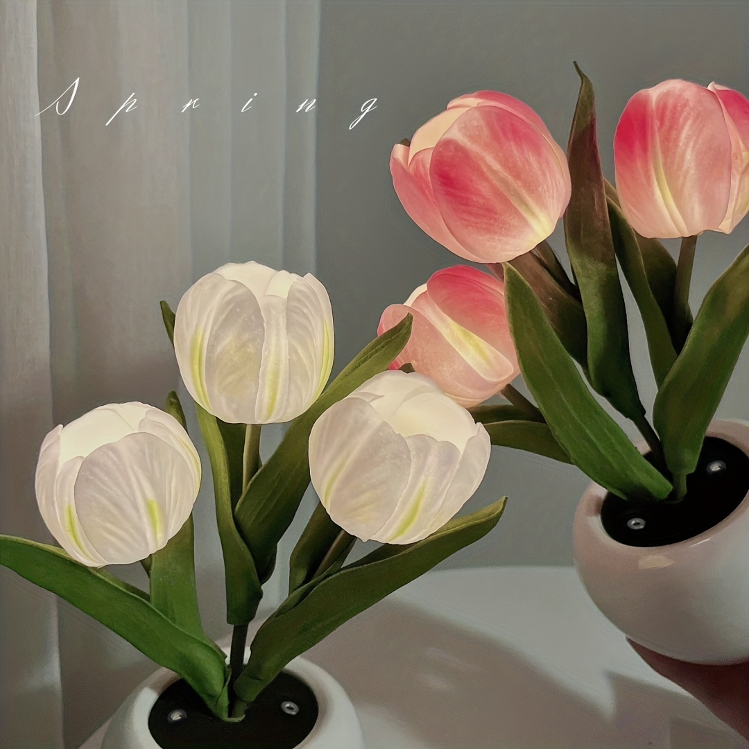Elegante lámpara de mesa de flores de tulipán, seis ramas, tulipanes, luz  de noche LED, simulación de flores en maceta, regalo para su cumpleaños