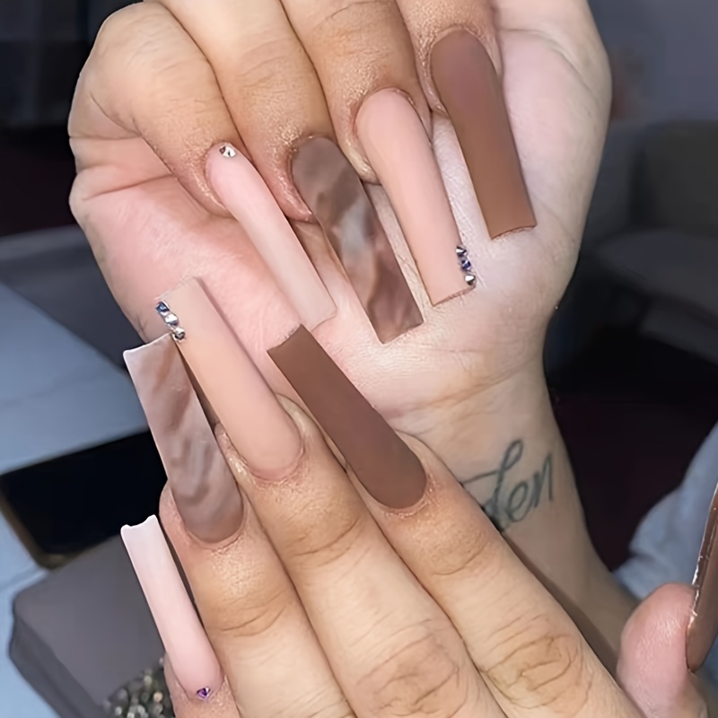 Matte Long Square Fake Nails, Colorful French Tip Press On Nails